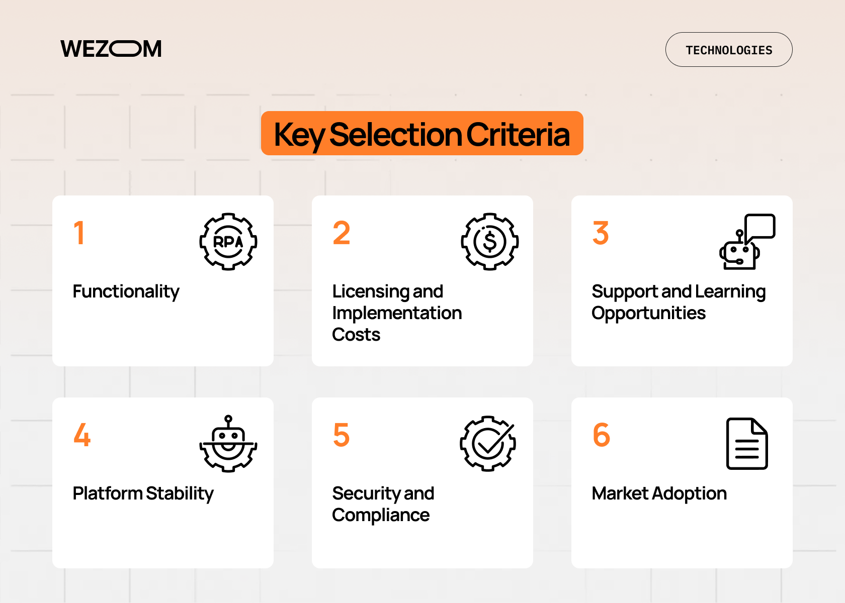 Key selection criteria for RPA tools comparison including functionality, costs, support, stability, security, and market adoption